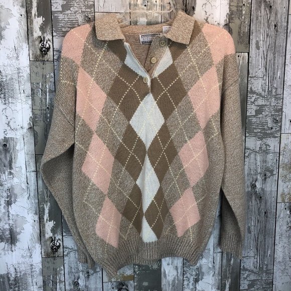 Vintage women sweater argyle medium collar International Stefano - Picture 1 of 7